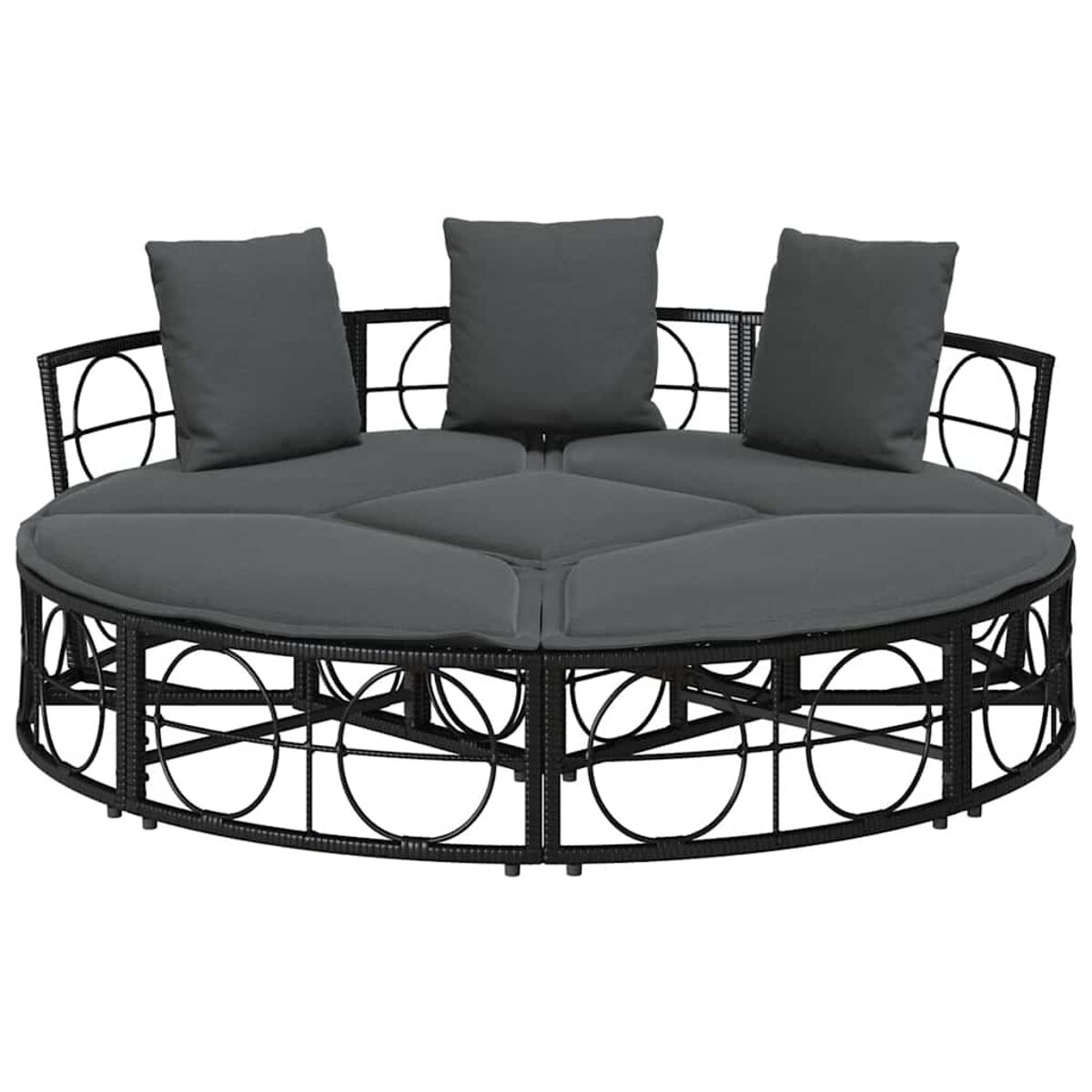 Ein schwarzes Outdoor-Tagesbett mit grauen Kissen und Polstern.