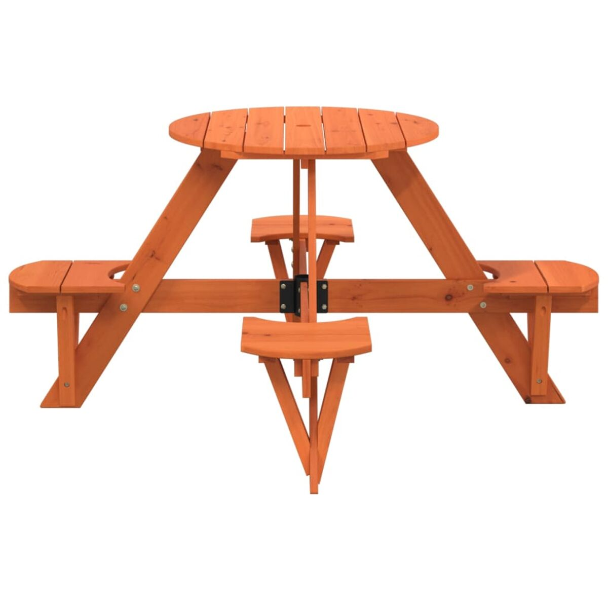 Holz-Picknicktisch. Runde Platte mit angebrachten Bänken. Orange Farbe.