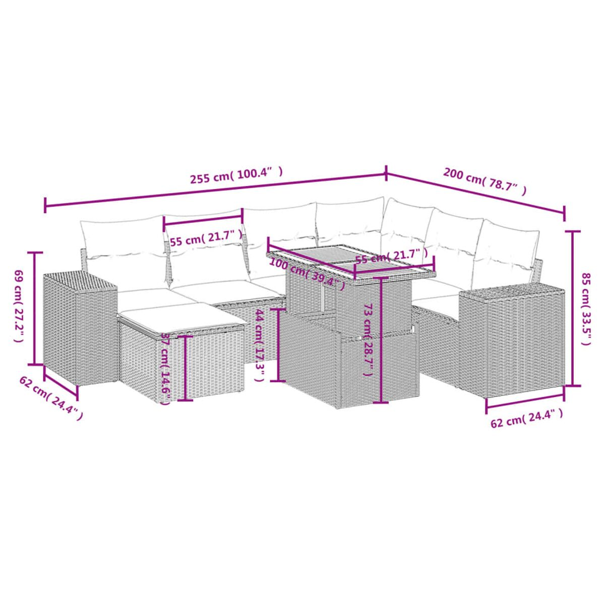 Geflochtenes Sitzgruppen-Set für den Außenbereich mit Abmessungen. Sofa, Tisch und zwei Sitzplätze mit Maßen in cm und Zoll.
