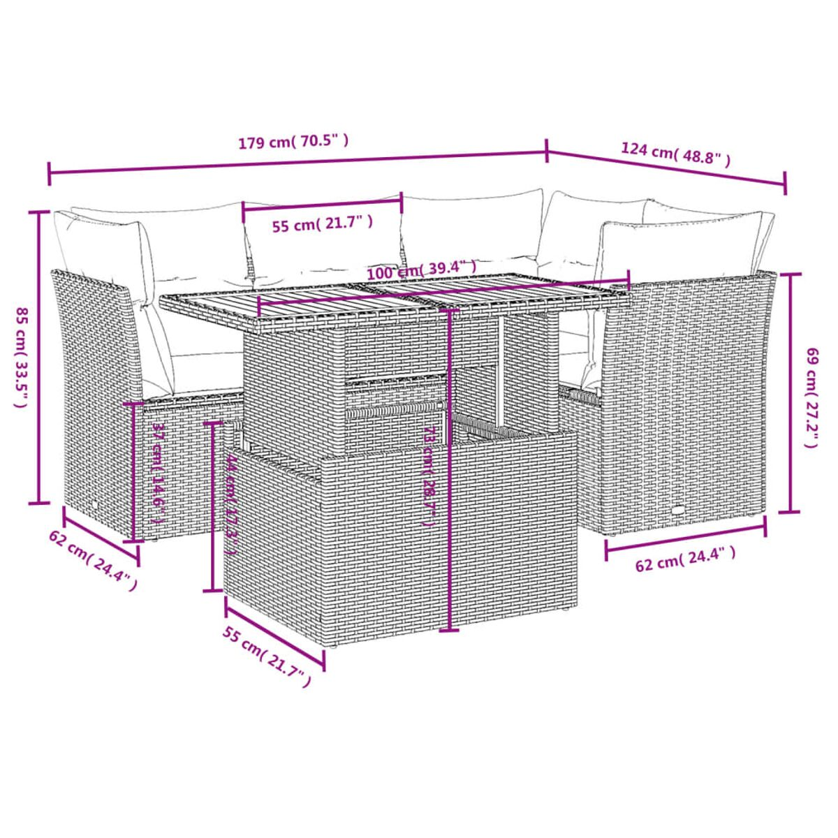 Diagramm eines Rattansofa-Sets mit Abmessungen in Zentimetern und Zoll, das Sofas, Tisch und Sitzgrößen zeigt.