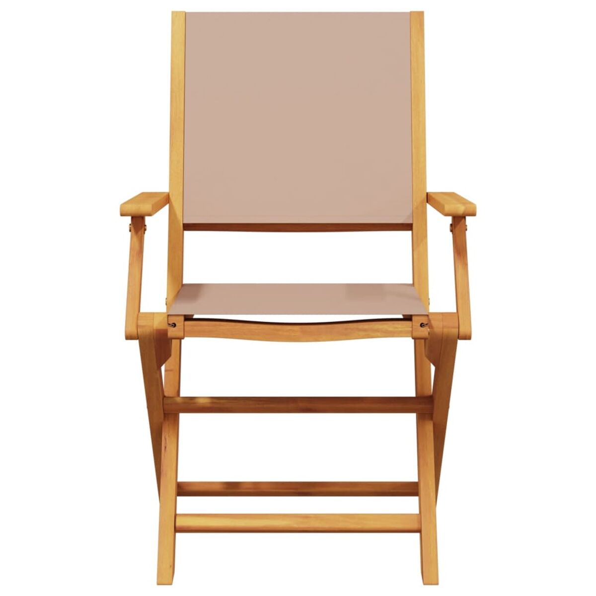 Klappstuhl aus Holz mit beigem Sitz und Rückenlehne. Vorderansicht.