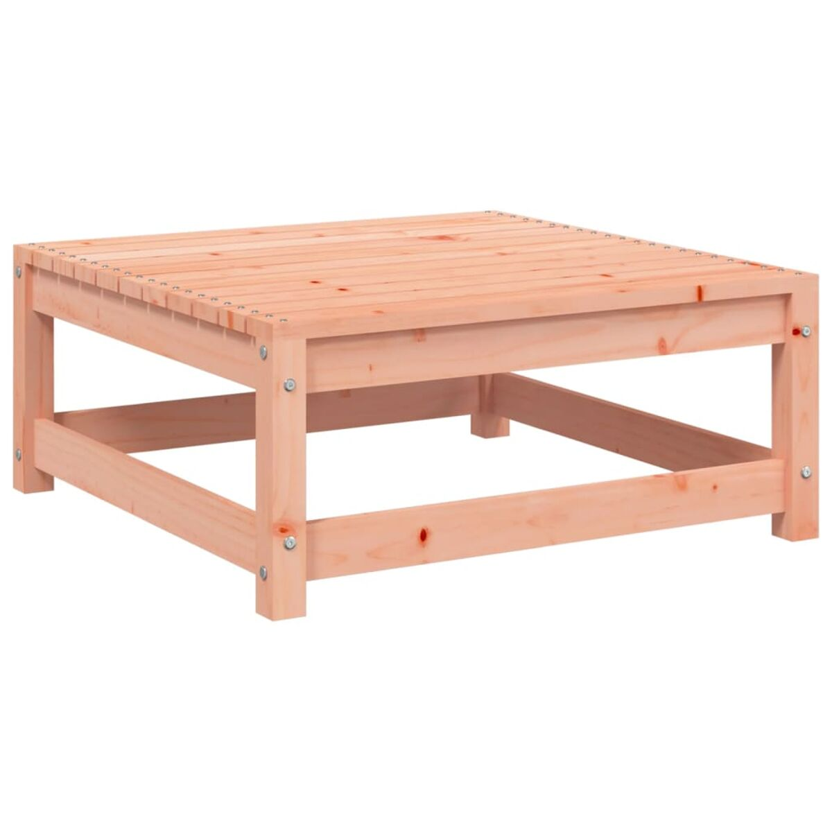 Quadratischer Holztisch. Aus hellbraunem Holz. Die Oberseite besteht aus Holzlatten.