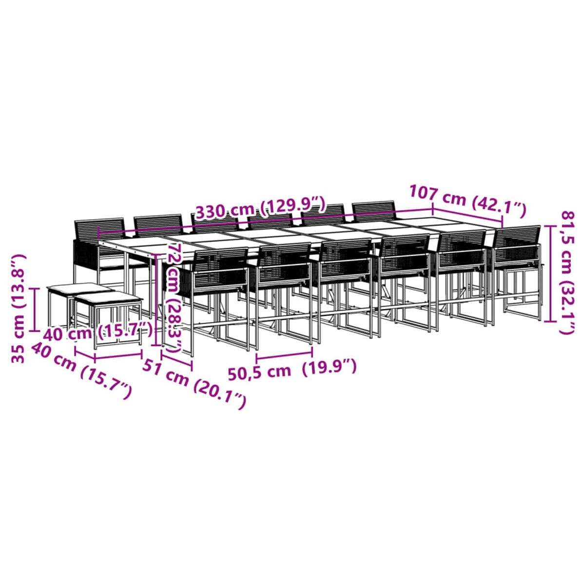 Ein Diagramm zeigt eine große Essgruppe für den Außenbereich mit Maßen in cm und Zoll.