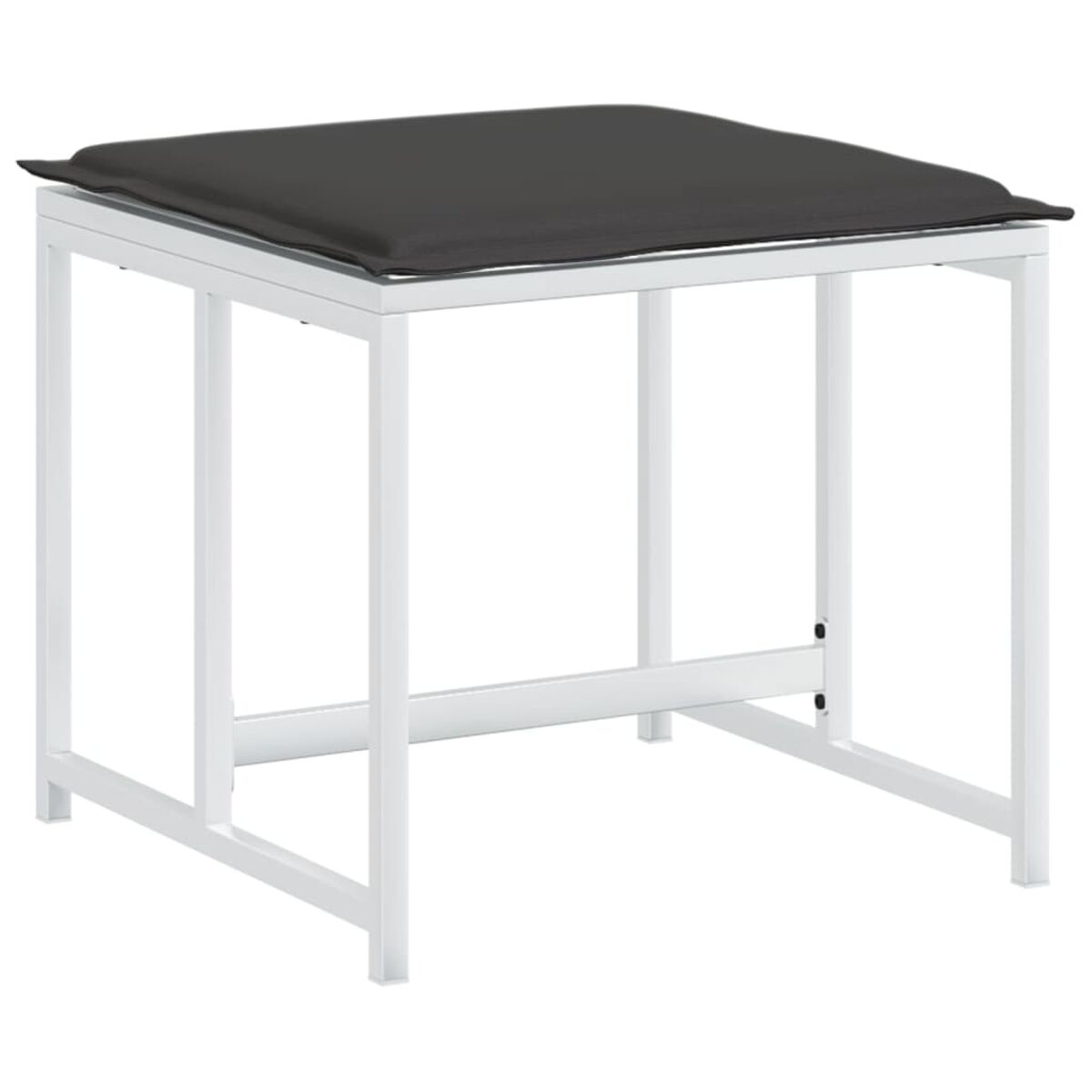 Sgabello quadrato in metallo bianco con cuscino nero. Design semplice e moderno.