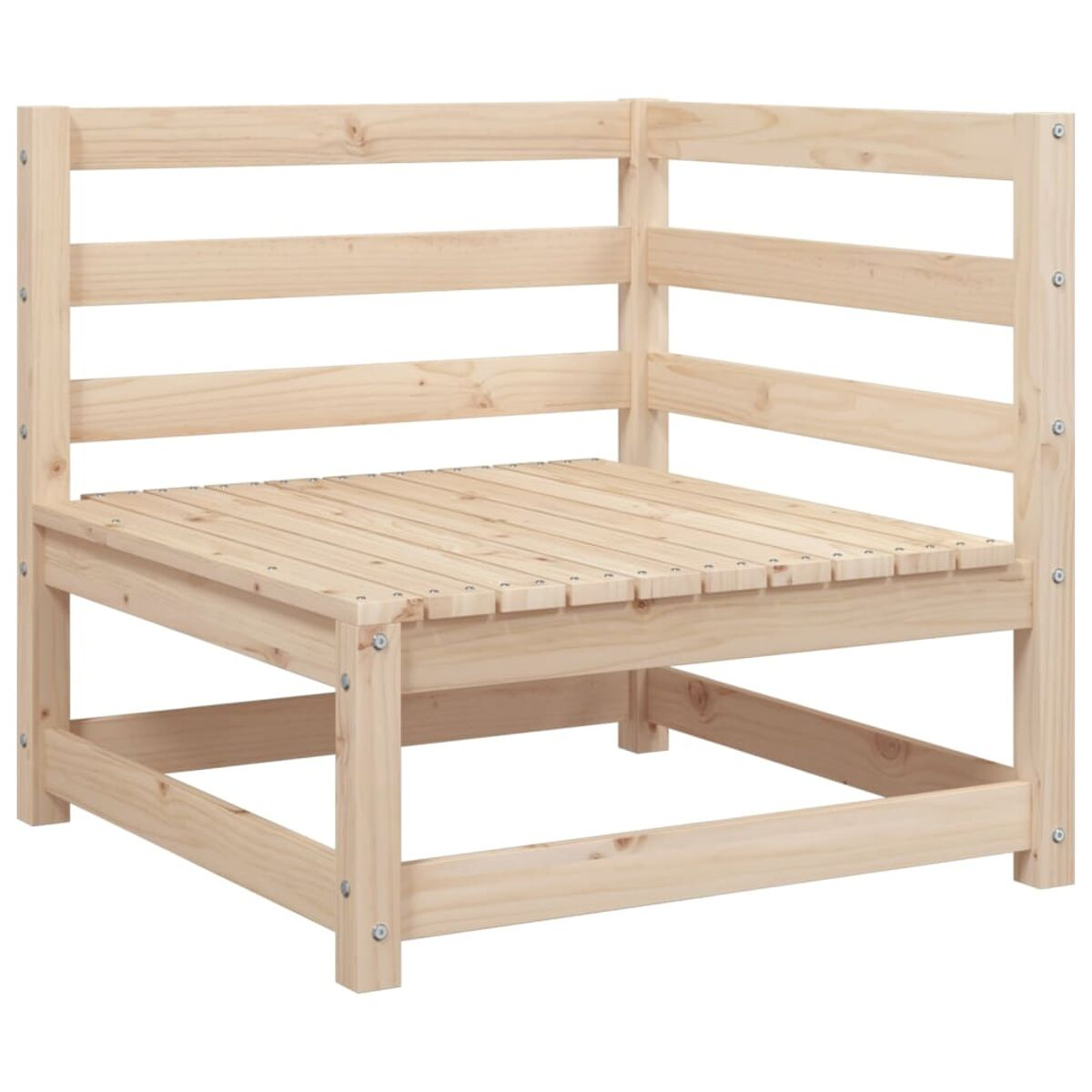 Eine hölzerne Eckbank mit horizontalen Lamellen an Rücken und Seite, helles Holz.