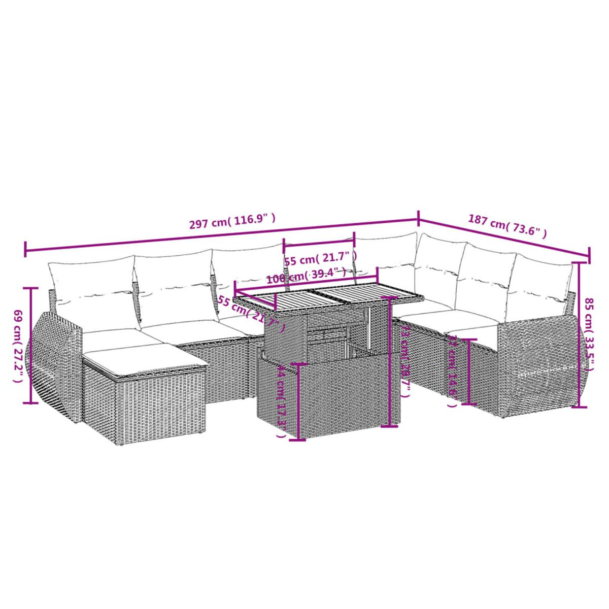 Ein Diagramm mit Abmessungen eines Outdoor-Sofa-Sets aus Korbgeflecht mit Tisch und Kissen.