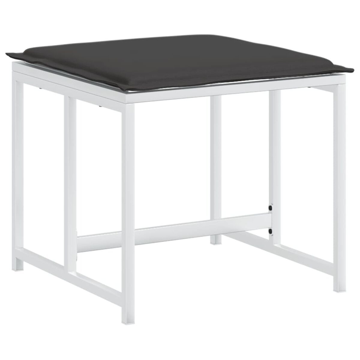 Sgabello quadrato bianco con cuscino grigio scuro. Design semplice e moderno.