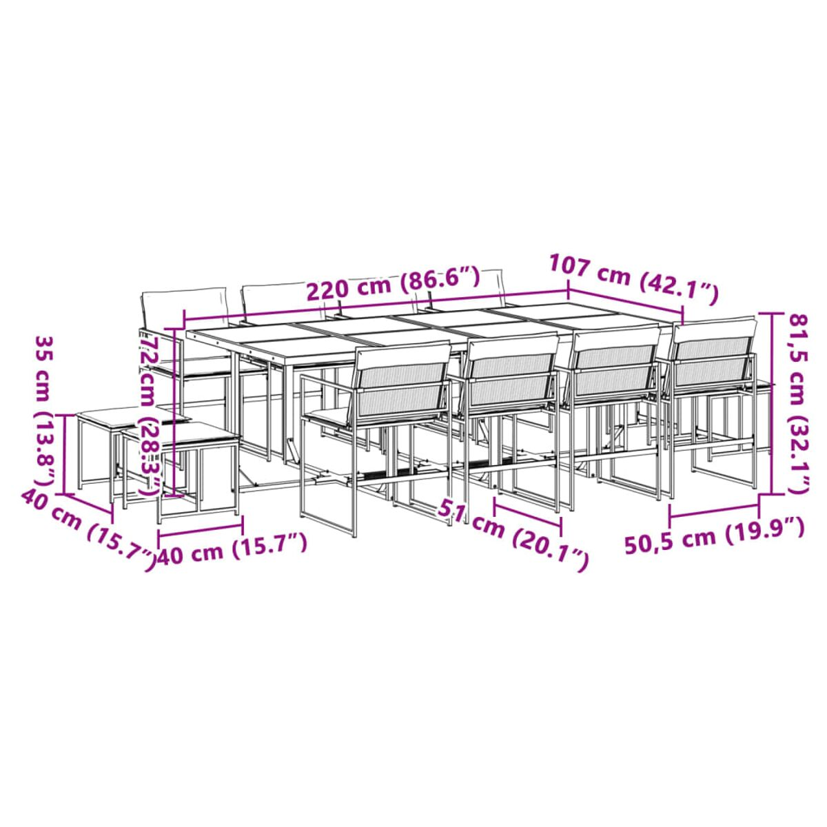 Set da pranzo per esterni con tavolo grande, sedie e dimensioni.