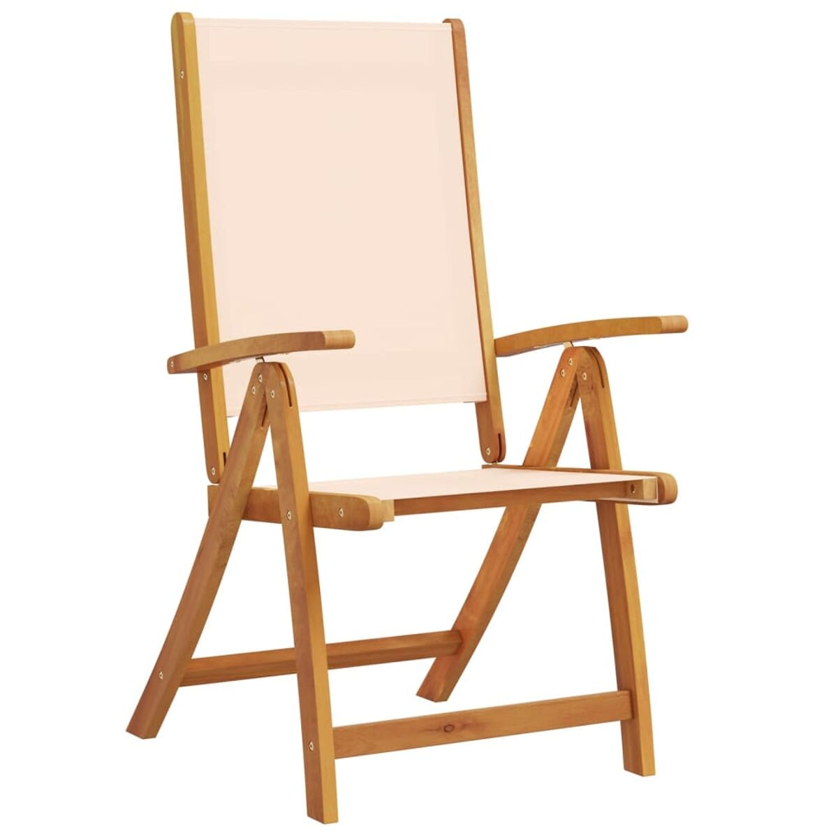 Klappstuhl aus Holz mit hellrosa Segeltuchrücken und -sitz.