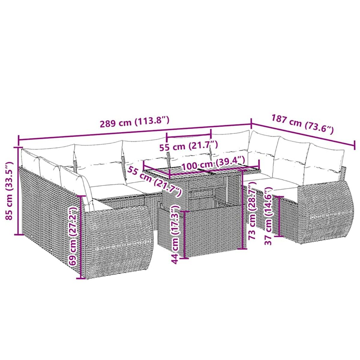 Gartenmöbel-Set mit Abmessungen. Enthält Sofa, Tisch und Stuhl, mit Abmessungen in cm und Zoll.