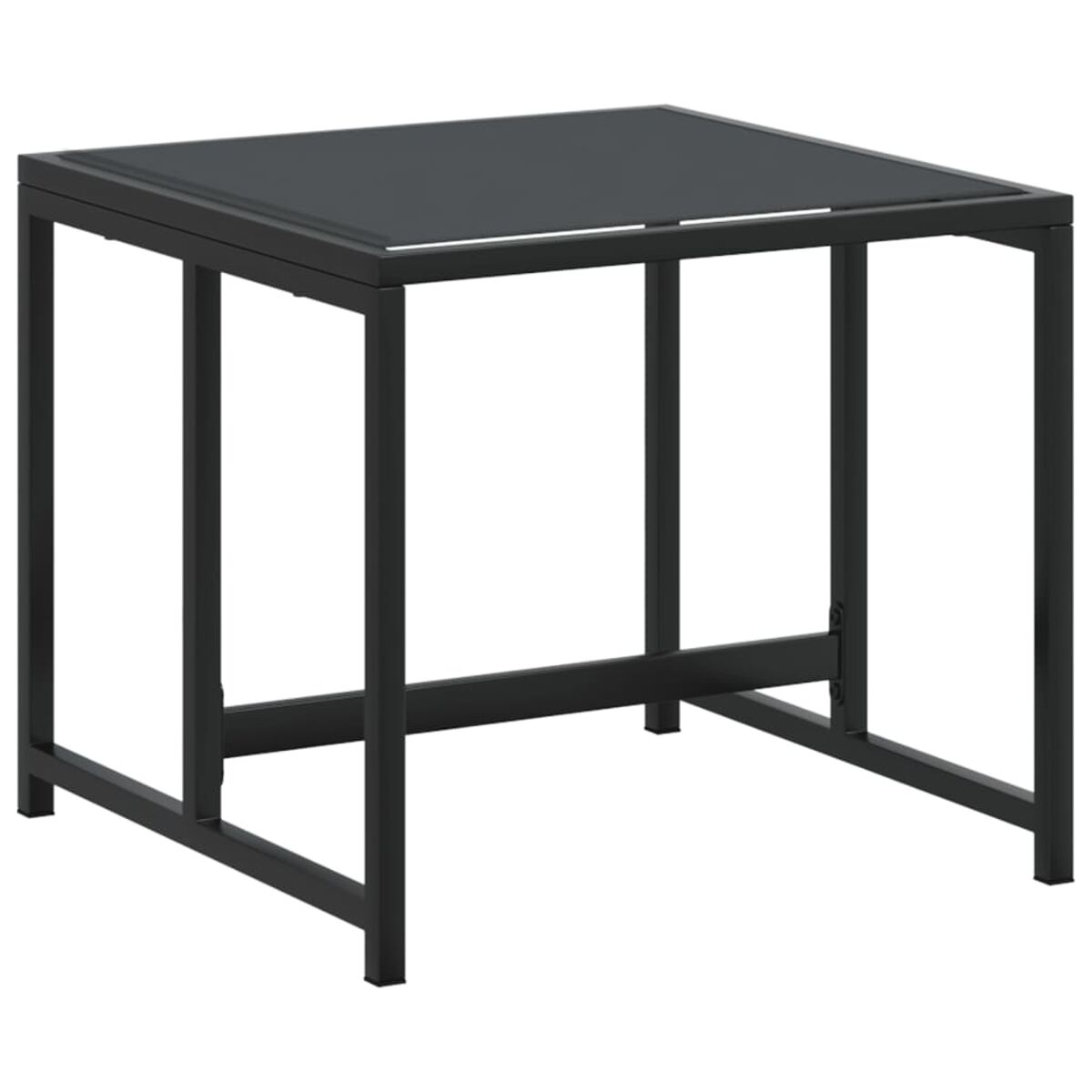 Tavolino quadrato nero con piano in vetro nero, su sfondo bianco.