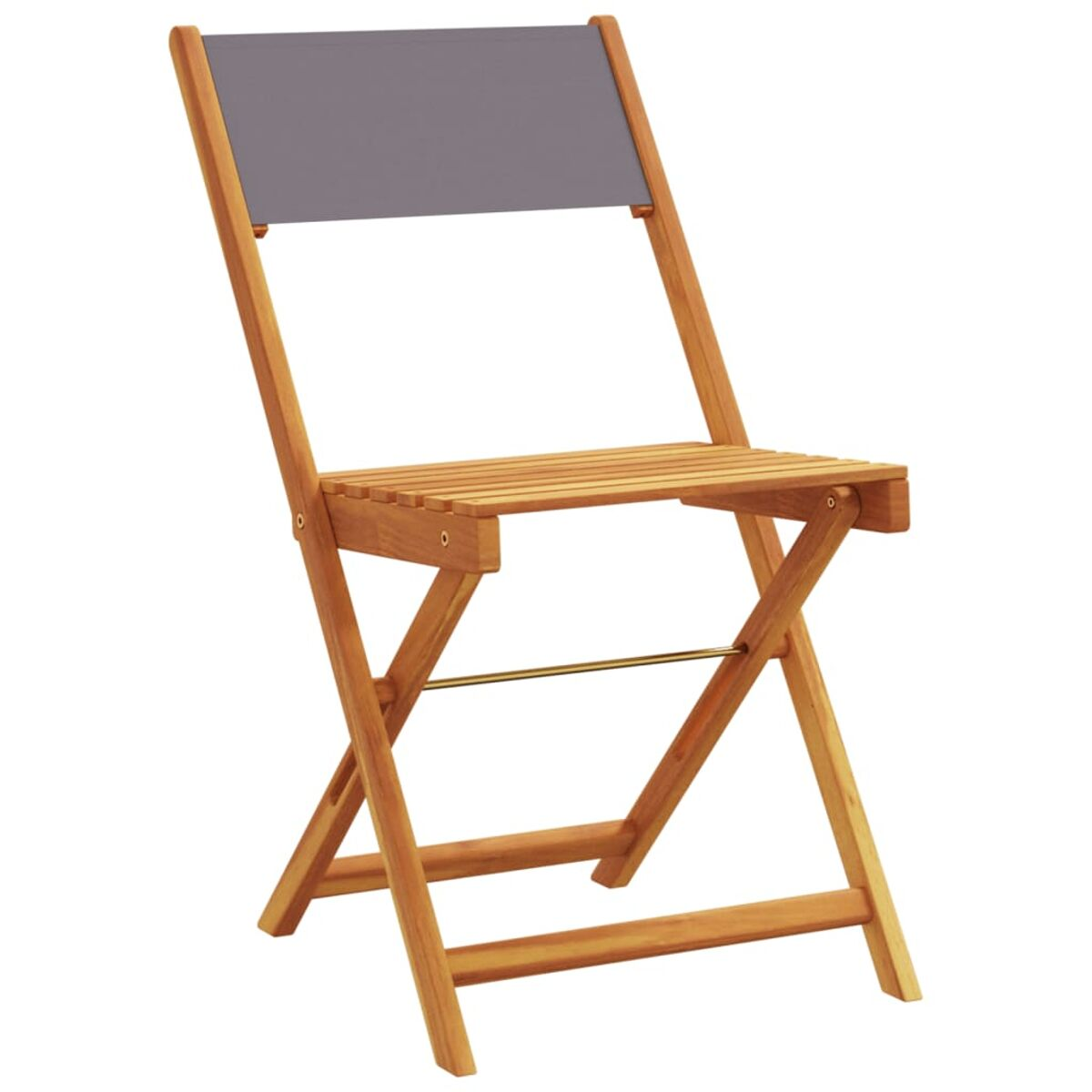 Ein hölzerner Klappstuhl mit grauem Rücken. Er befindet sich in einer aufrechten Position.