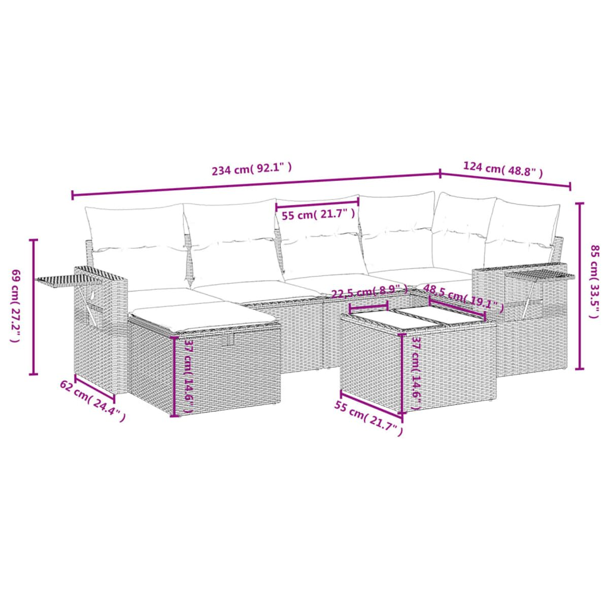 Diagramm eines Ecksofas mit Maßen. Maße in cm und Zoll werden angezeigt.