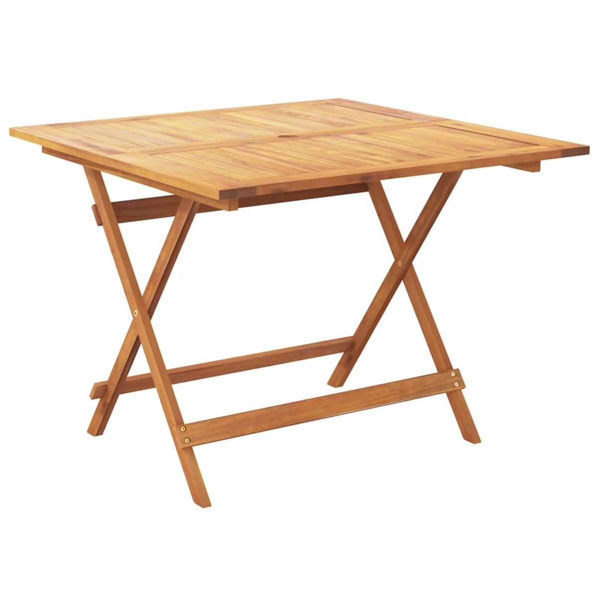 Klapptisch aus Holz. Die Oberseite ist quadratisch. Die Beine sind gekreuzt.