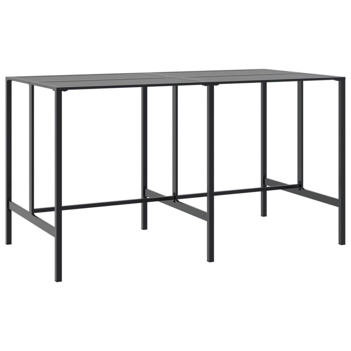 Tavolo rettangolare in metallo nero con quattro gambe.