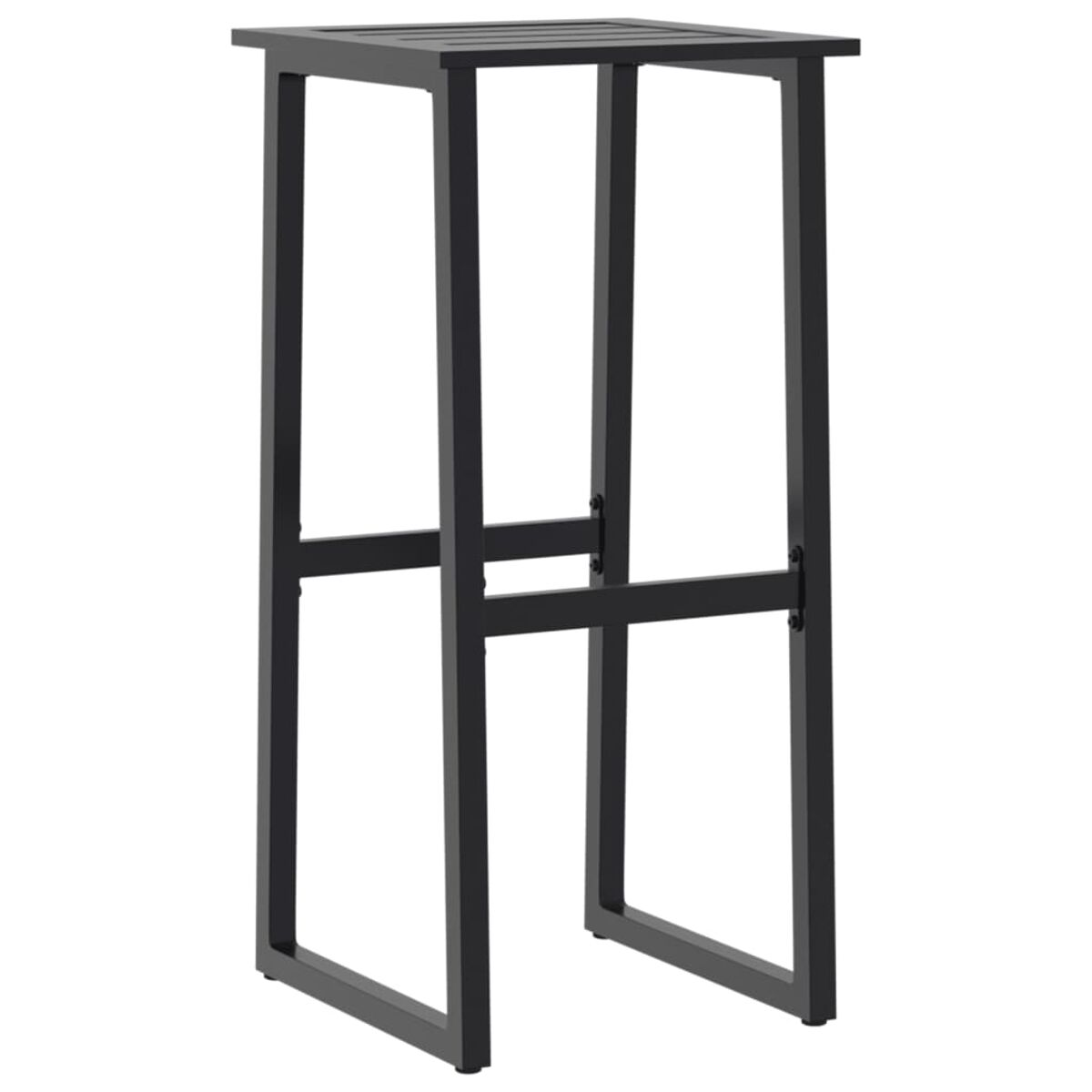 Sgabello da bar in metallo nero, con seduta quadrata e poggiapiedi.