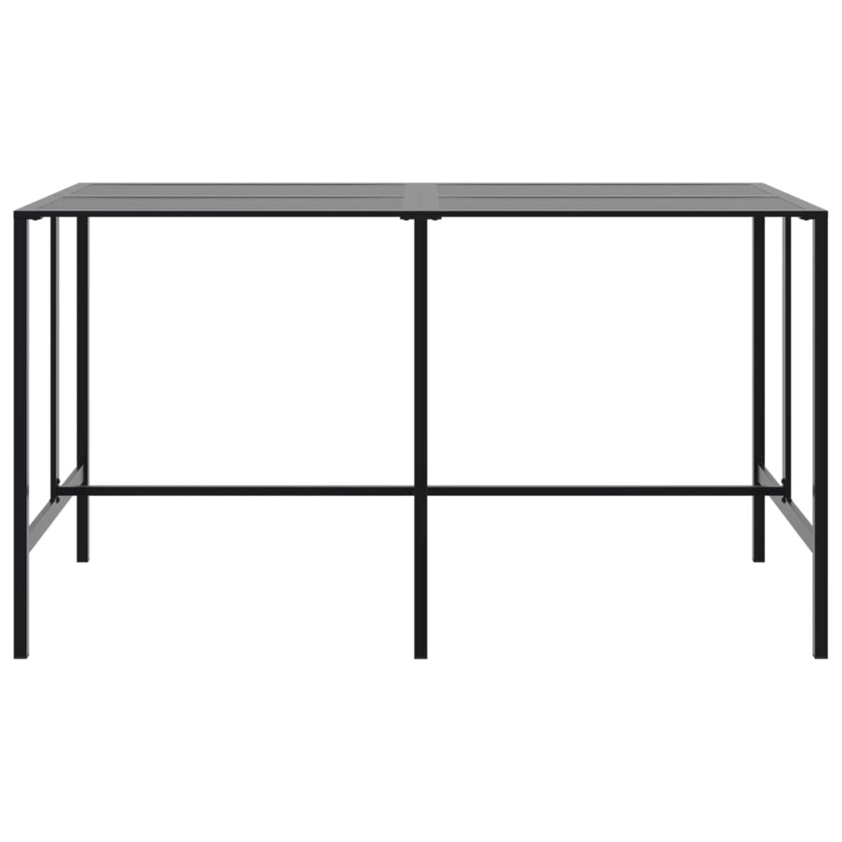 Ein schwarzer Metall-Außentisch mit rechteckiger Form. Es hat ein schlichtes, modernes Design.