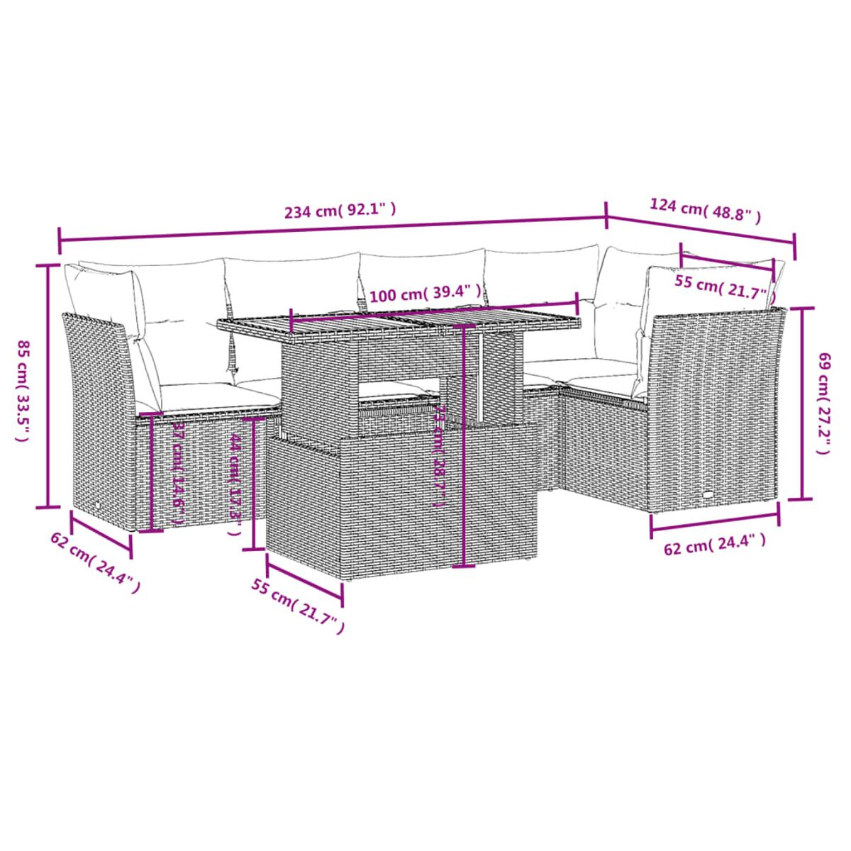 Diagramm eines Gartenmöbelsets. Es enthält Stühle, Tisch und Maße.