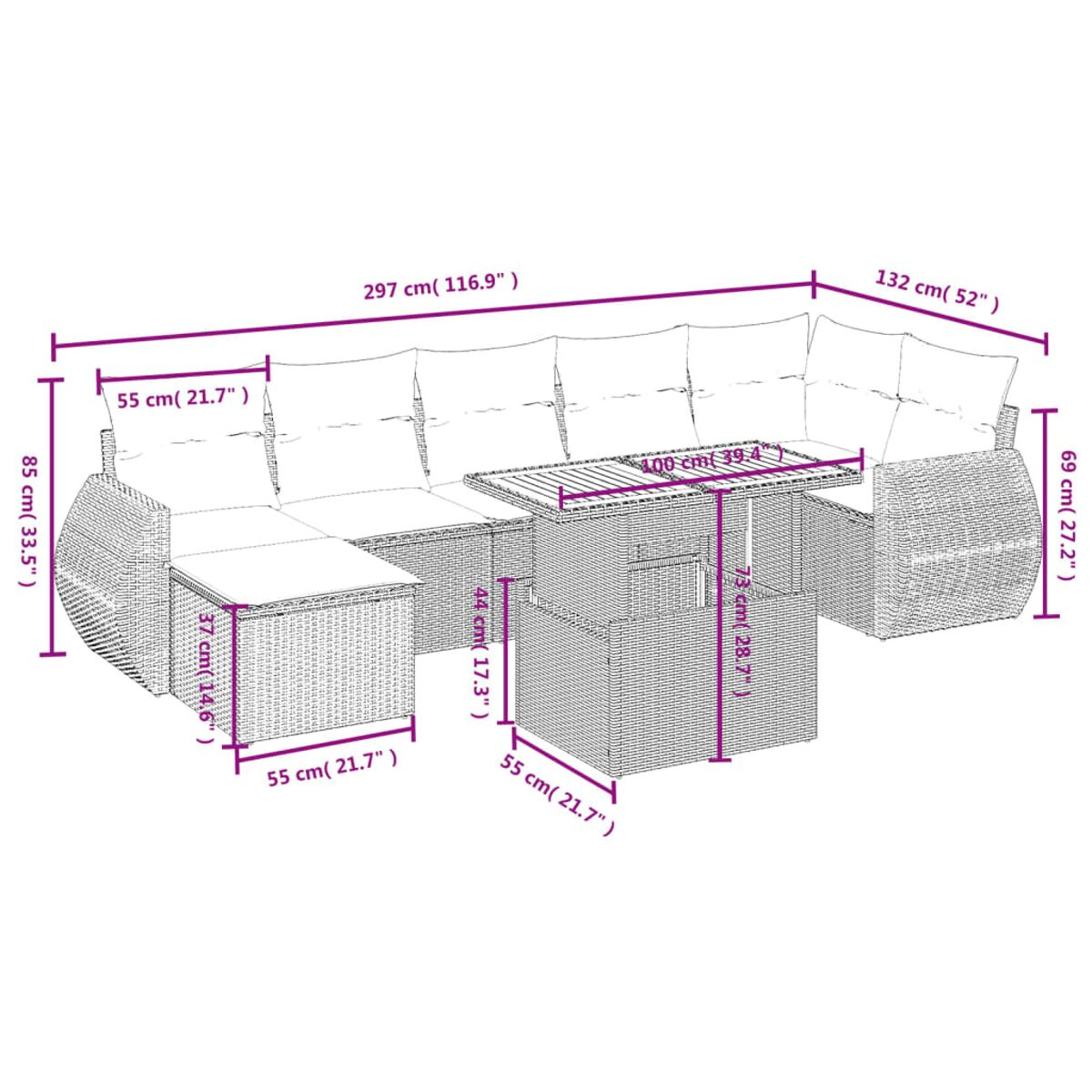 Outdoor-Sofaset mit Maßen. Rattan-Stil. Neutraler Hintergrund. Verschiedene Elemente.