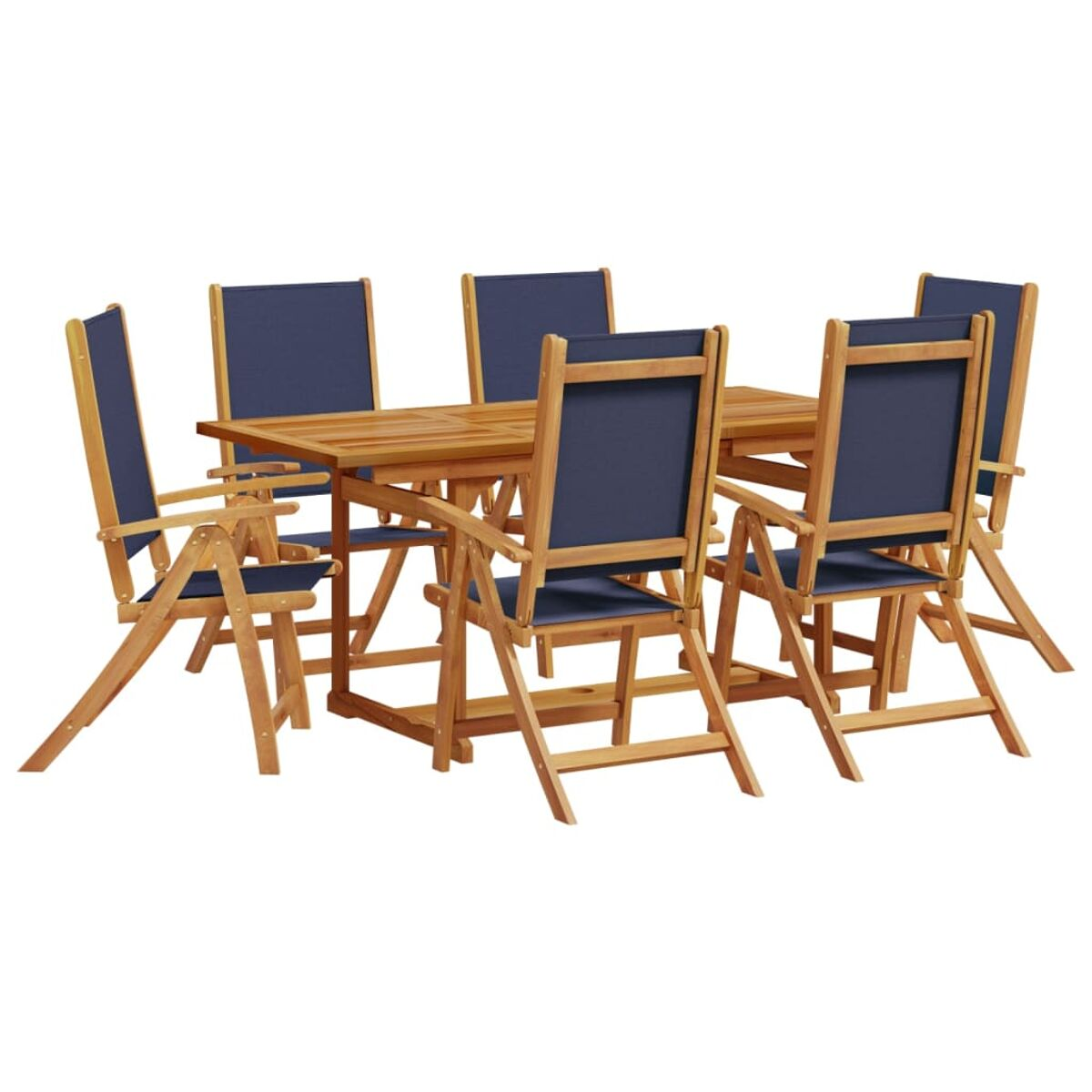 Un set di mobili da esterno in legno. Include un tavolo e sei sedie con sedute blu. Lo sfondo è bianco.