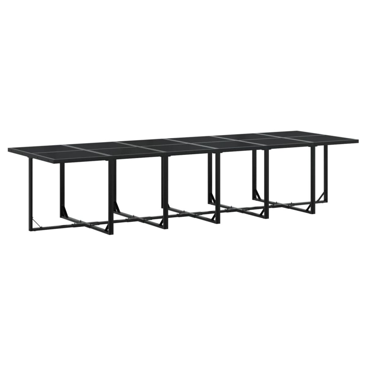 Ein langer, schwarzer Tisch im Freien mit geometrischem Design und schwarzen Beinen.