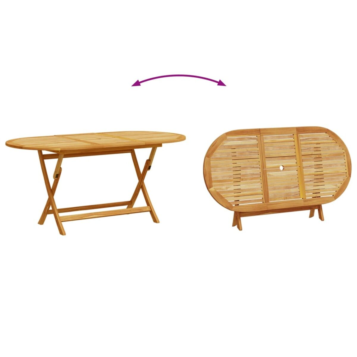 Ovaler Klapptisch aus Holz, geöffnet und geschlossen. Pfeile zeigen die Öffnung.