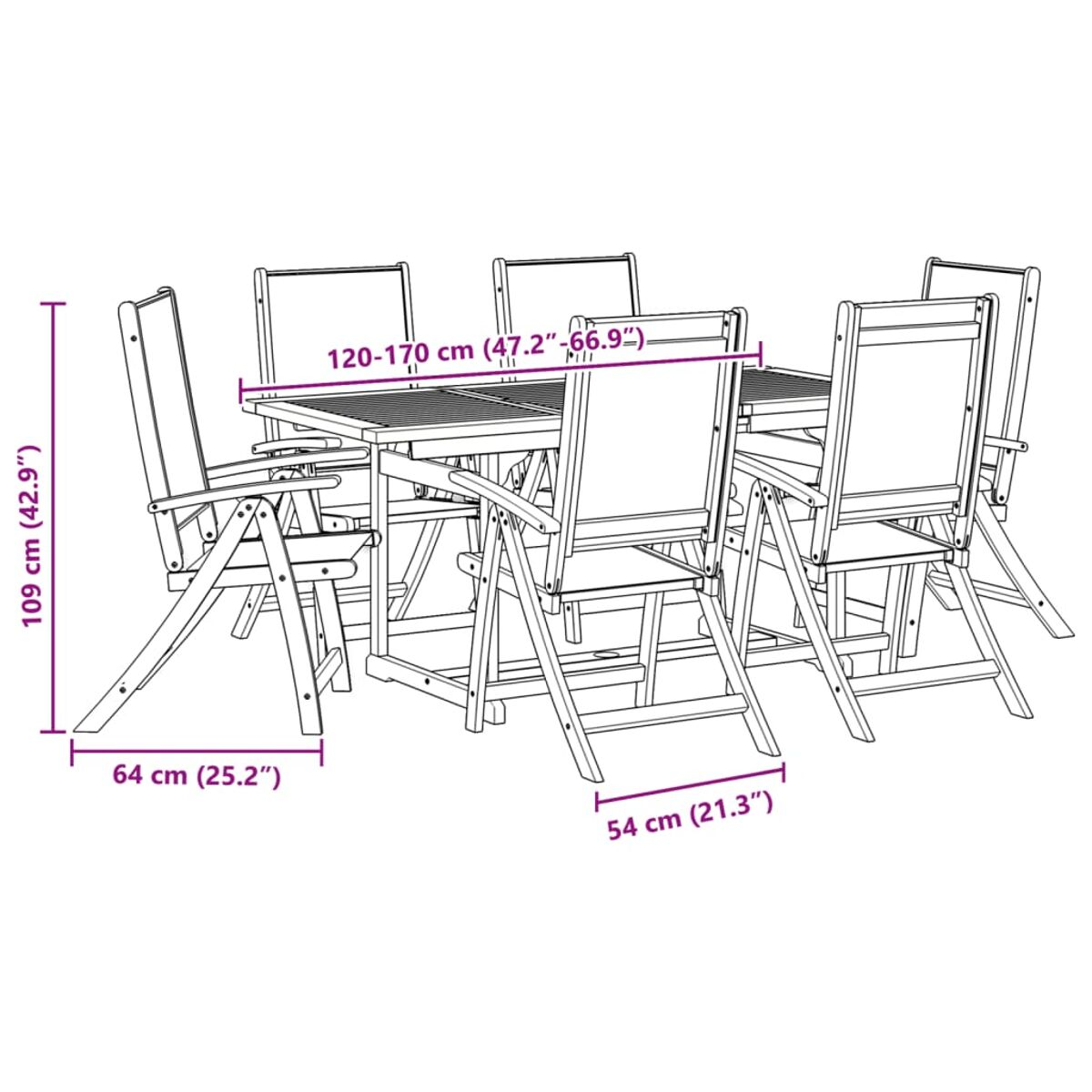 Diagramma di un set da pranzo in legno per esterni con sei sedie, che mostra le dimensioni in cm e pollici.