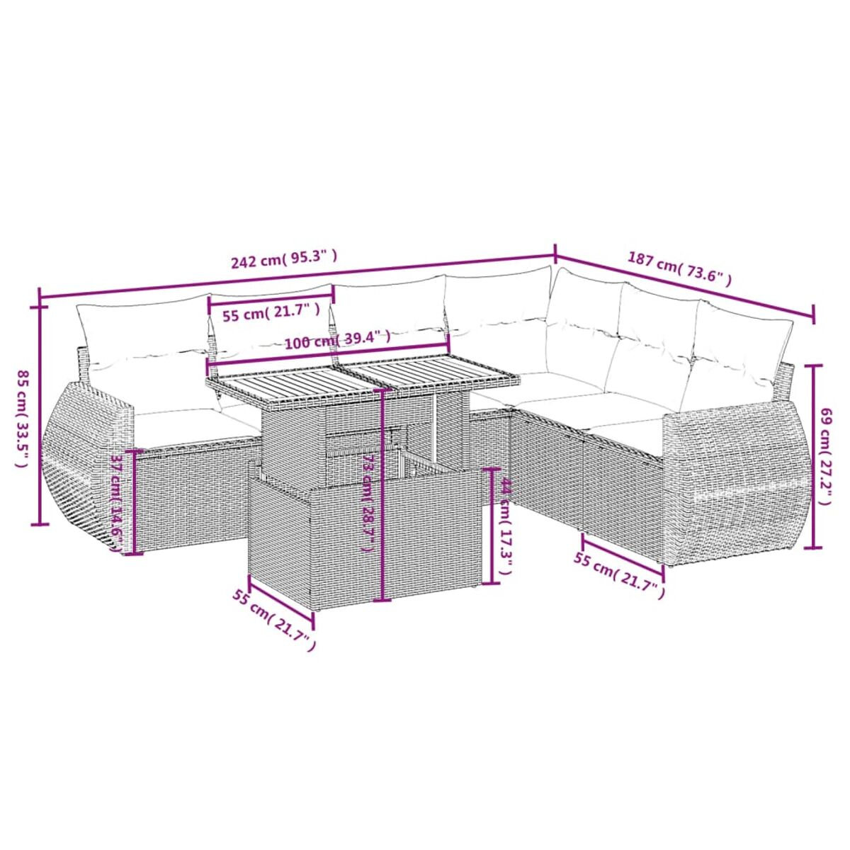 Gartenmöbel-Set mit Maßen. L-förmiges Sofa, Tisch. Diagramme und Abmessungen auf weißem Hintergrund.