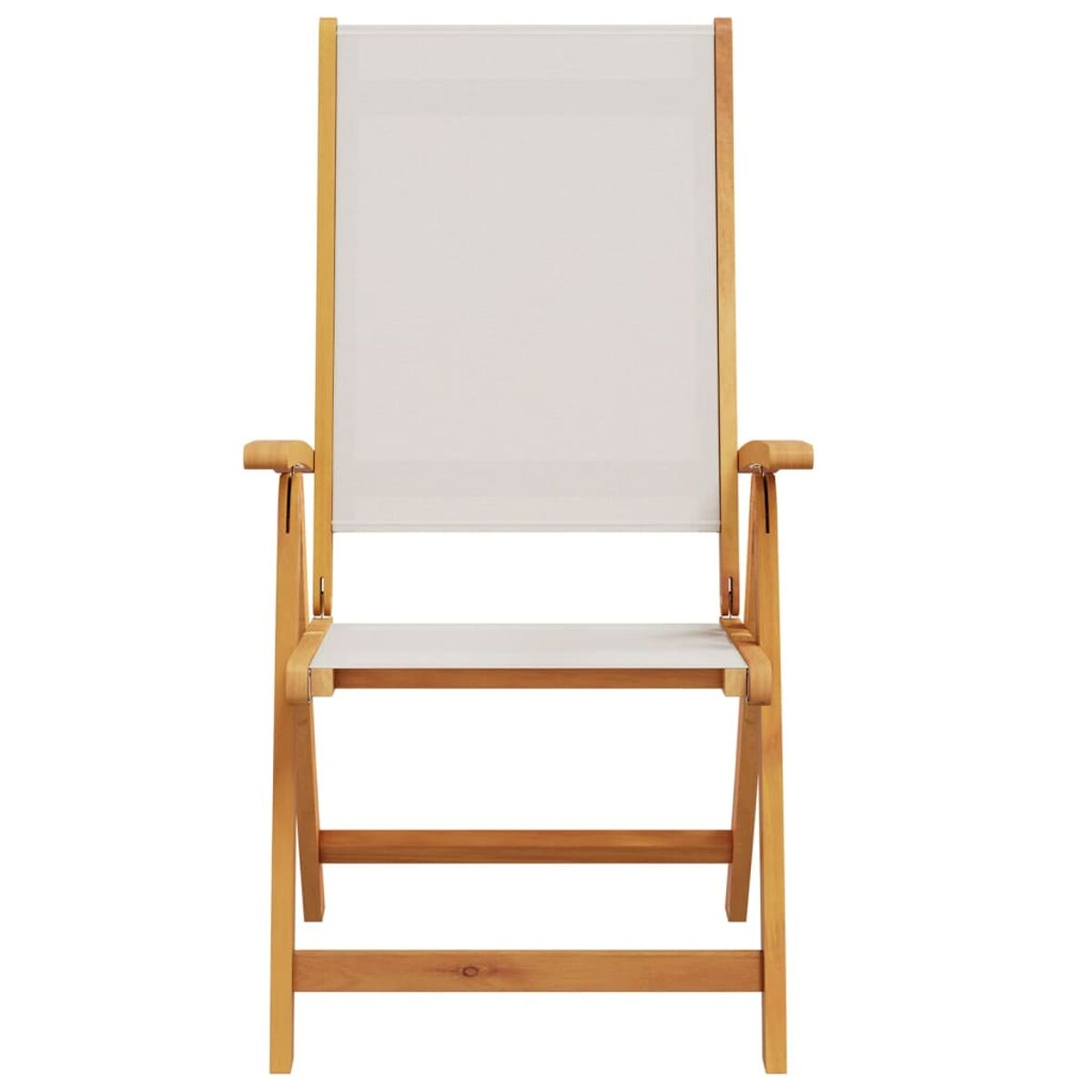 Sedia da esterno in legno. Seduta e schienale in tessuto bianco. Design semplice e classico.