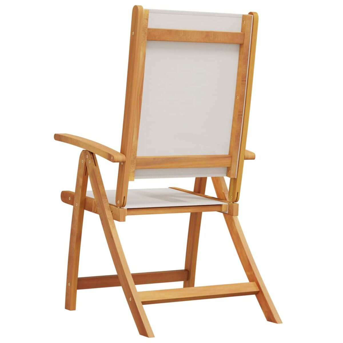 Sedia pieghevole in legno con schienale e seduta bianchi. Ha uno schienale alto.