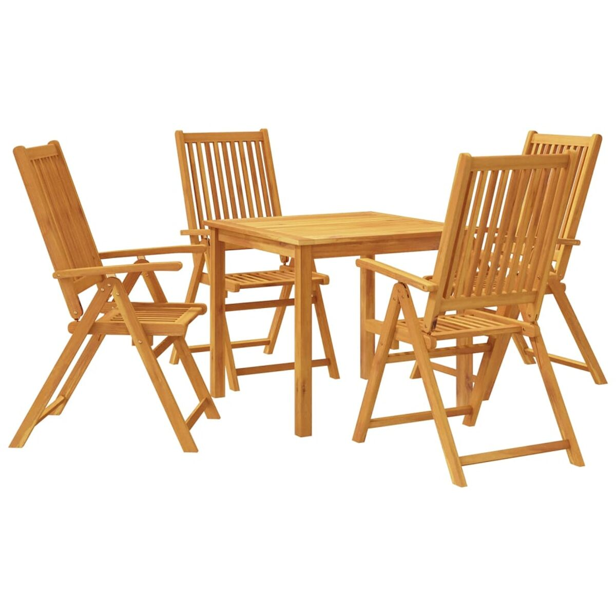 Essgruppe aus Holz für den Außenbereich mit Stühlen und einem quadratischen Tisch. Weißer Hintergrund.