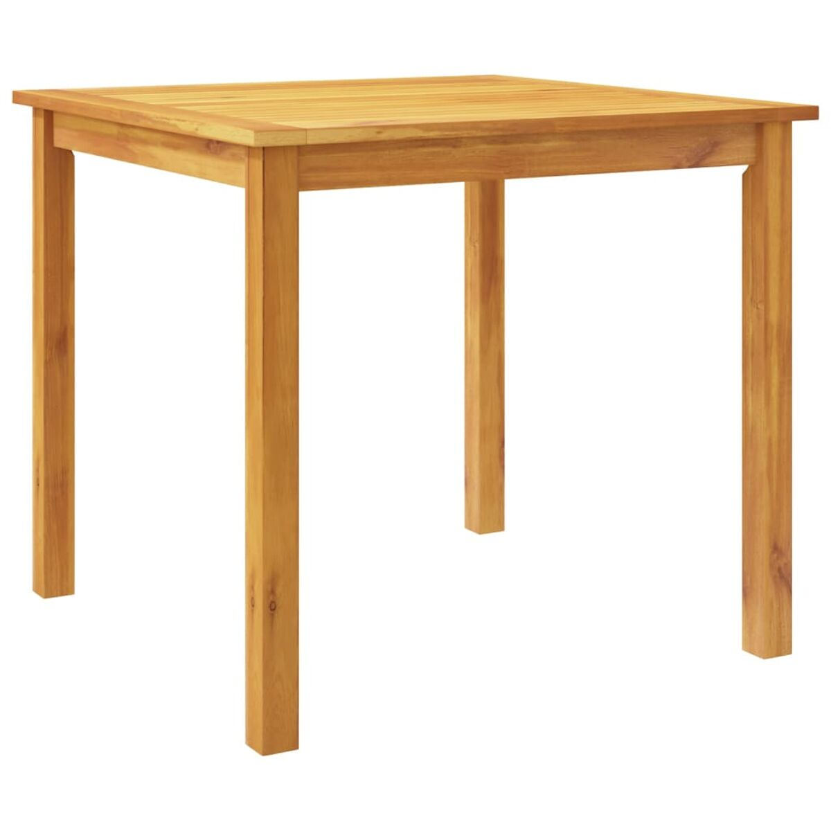 Quadratischer Holztisch mit vier Beinen. Hellbraune Farbe. Der Tisch ist leer.