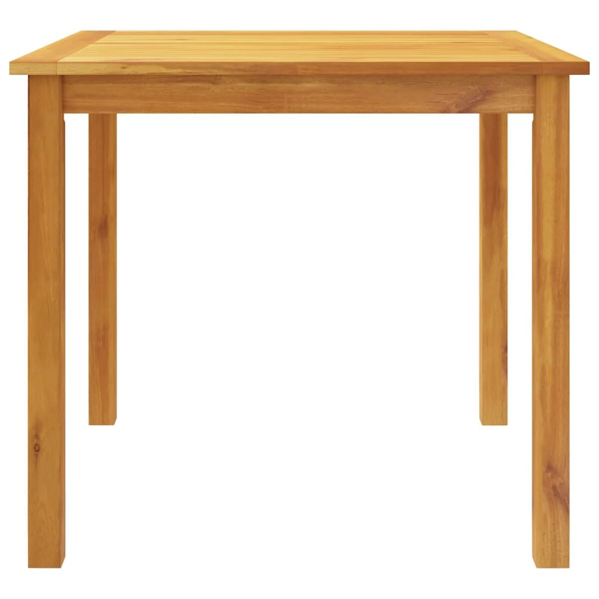 Ein quadratischer Holztisch mit vier Beinen, aus der Frontansicht vor weißem Hintergrund.