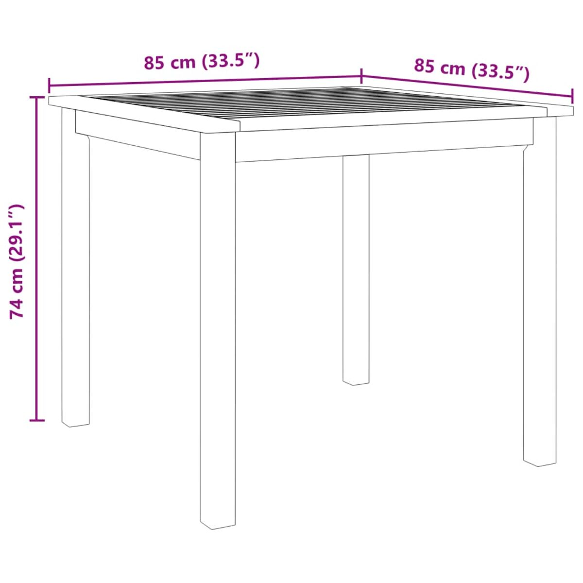 Ein quadratischer Holztisch mit Maßen. Er hat eine Lattenoberfläche und vier Beine. Abmessungen sind enthalten.