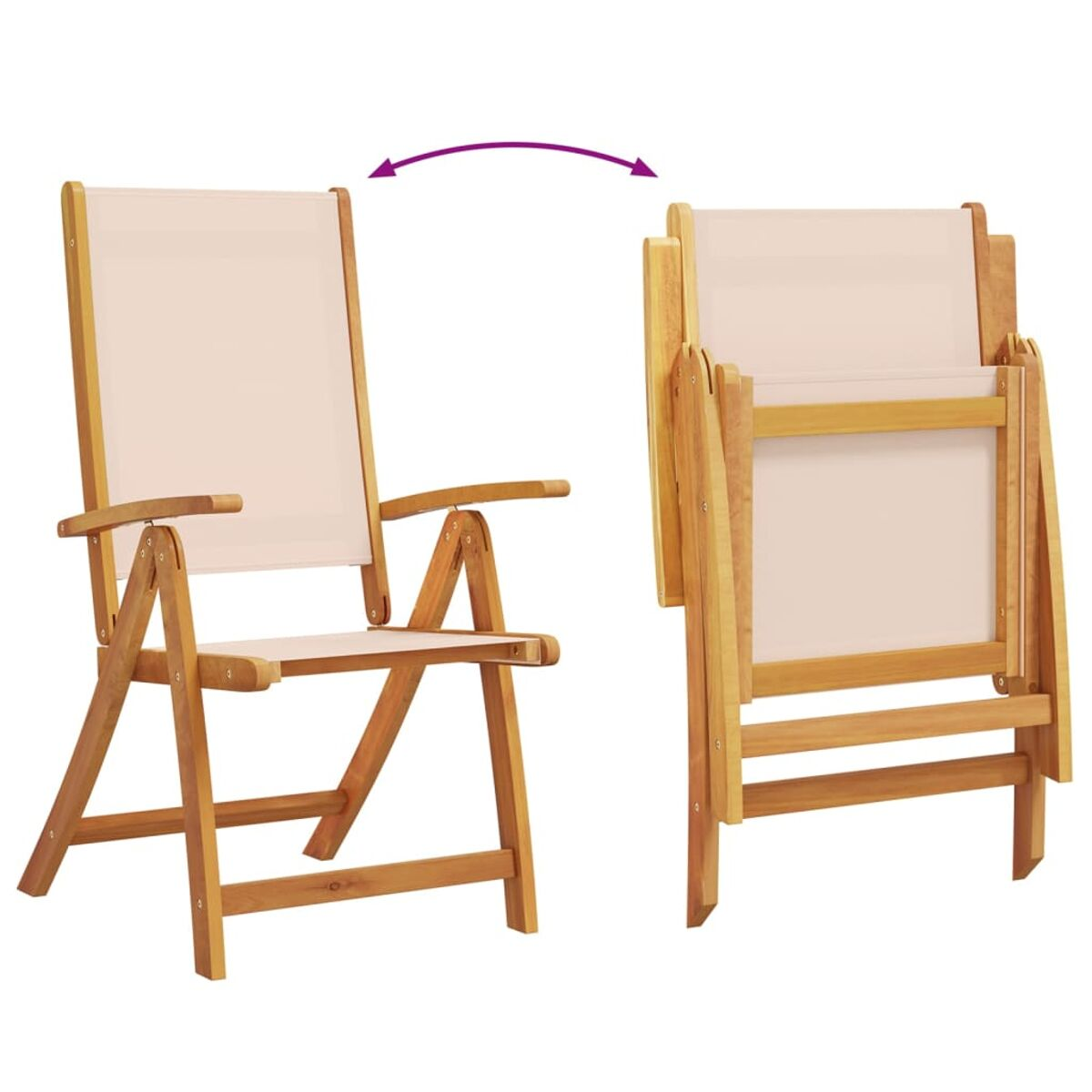 Ein zusammenklappbarer Holzstuhl, offen und zusammengeklappt, mit Leinensitzen.
