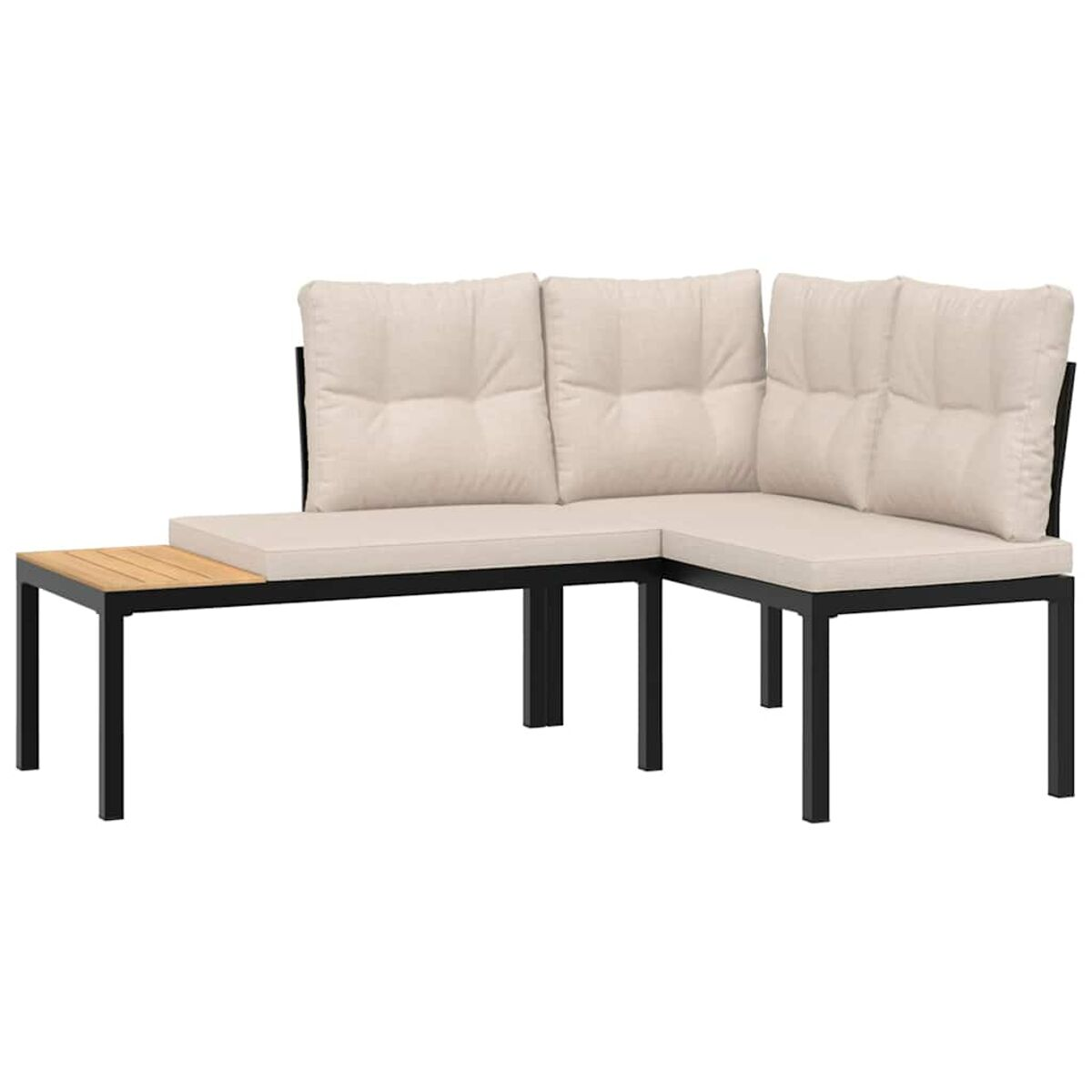 L-förmiges Sofa mit schwarzem Rahmen, cremefarbenen Kissen und kleinem Holztisch.