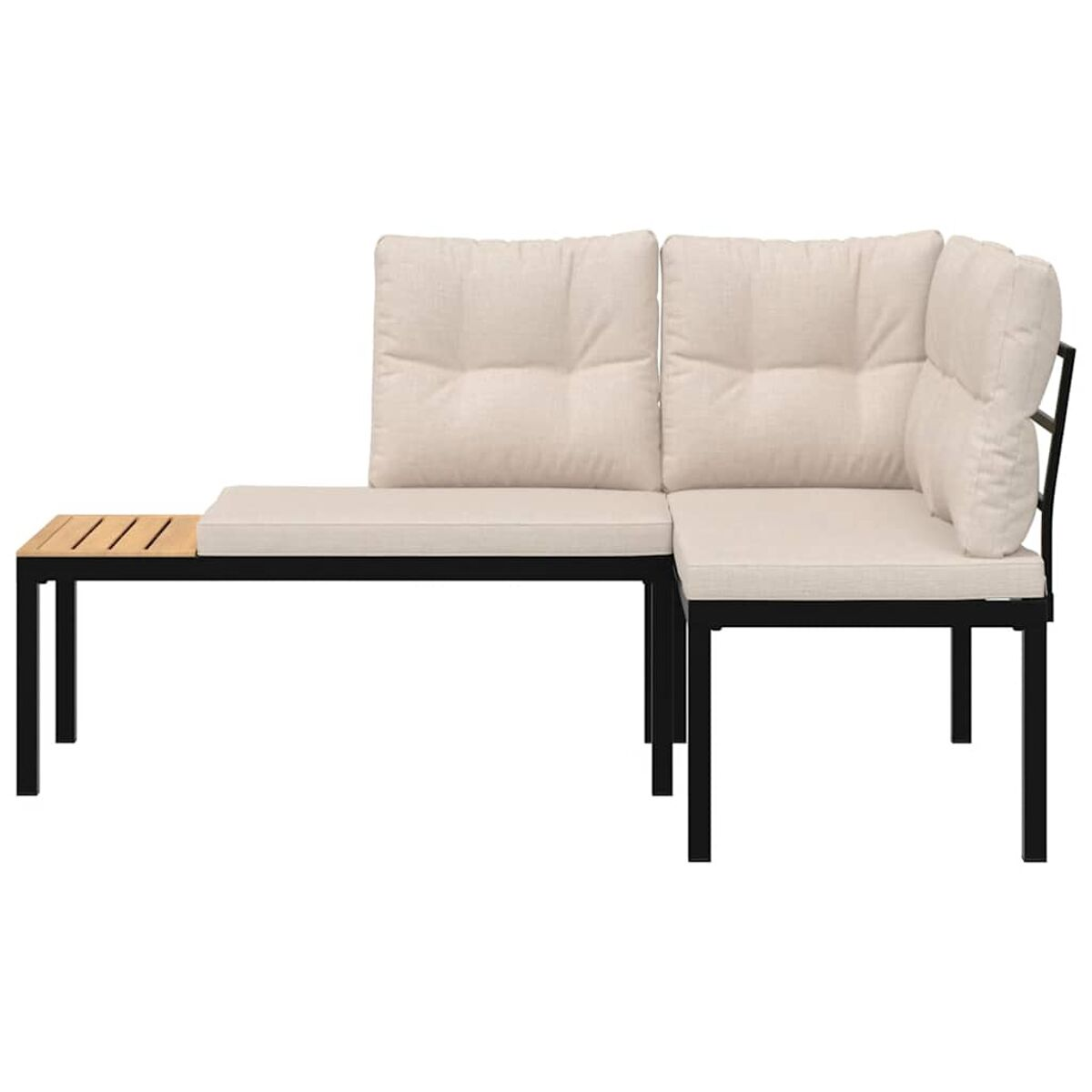 L-förmiges Sofa mit schwarzem Metallrahmen, beigen Kissen, Holztisch.