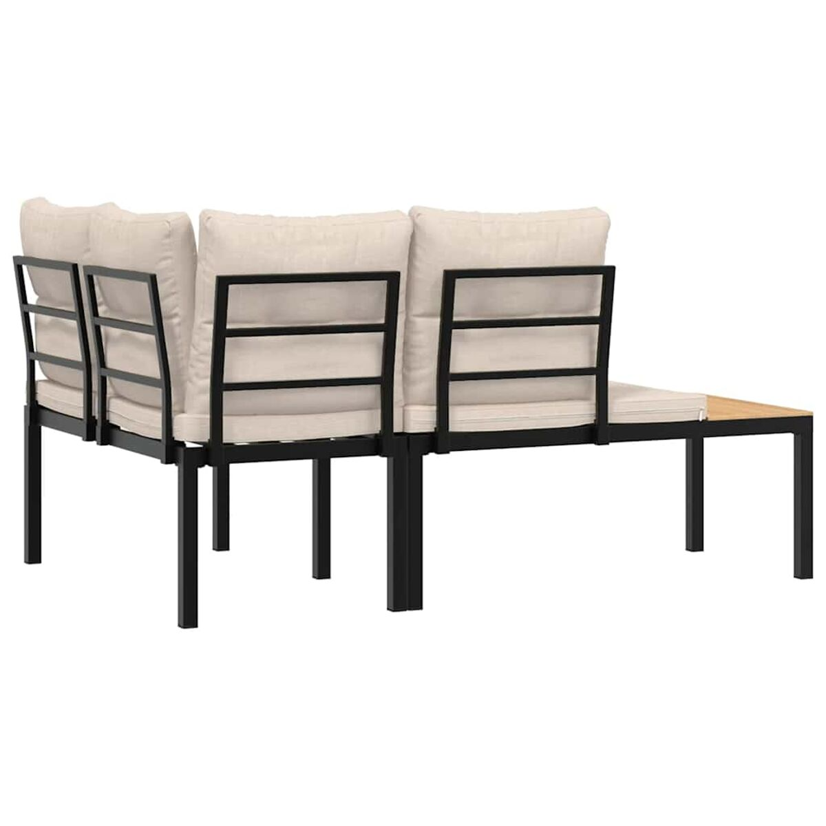 Rückansicht eines Outdoor-Ecksofas mit beigen Kissen und Metallrahmen.