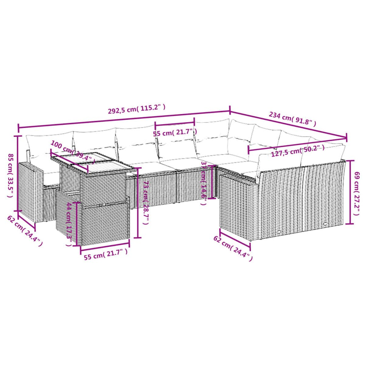 Outdoor-Rattan-Sofagarnitur mit Maßen.