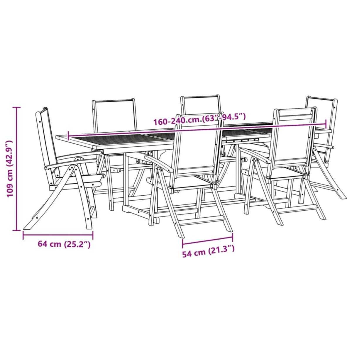 Set da pranzo all'aperto con tavolo rettangolare e sedie pieghevoli, tutte con dimensioni.