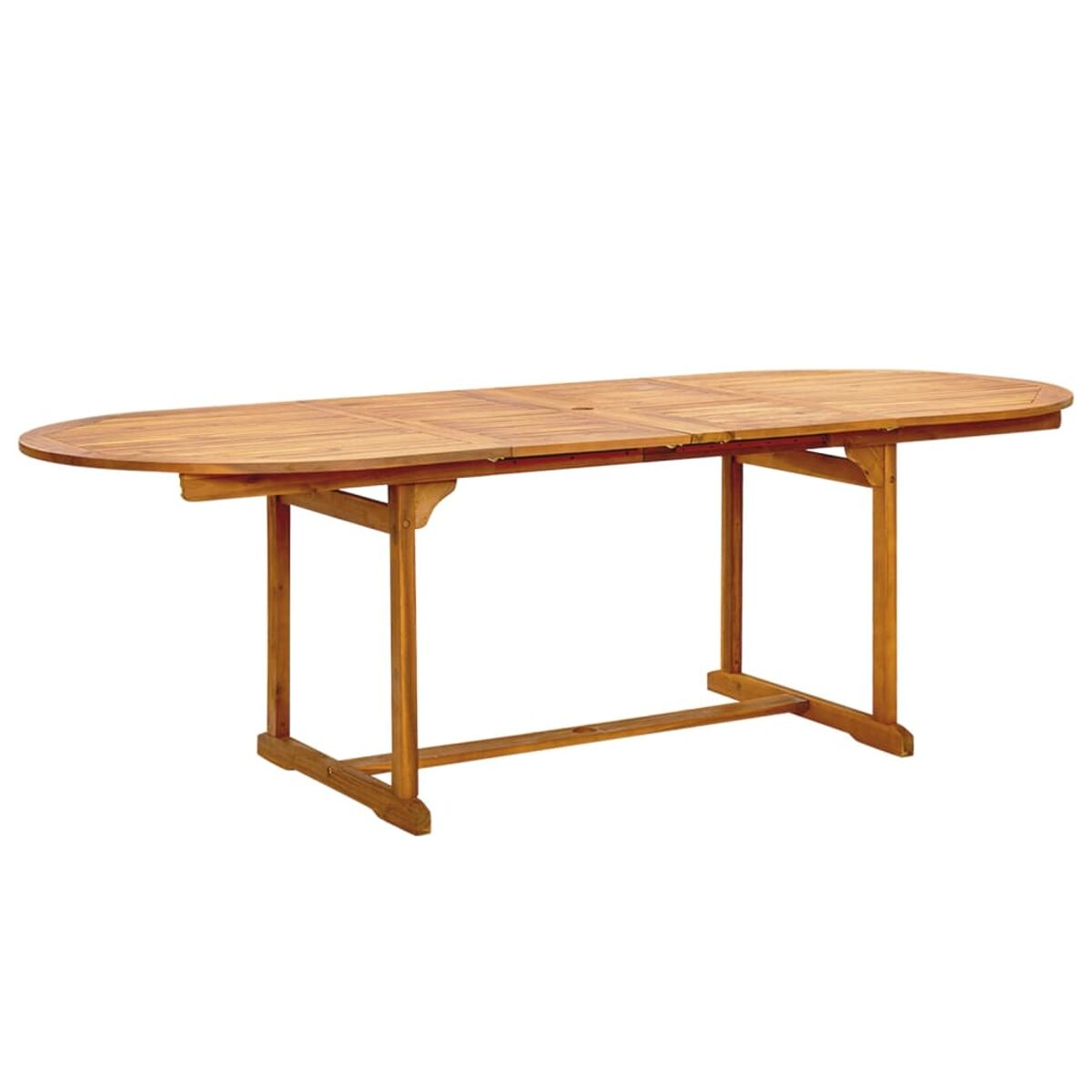 Mesa ovalada de madera para exteriores. La mesa es de madera y tiene un agujero en el medio. Fondo blanco.