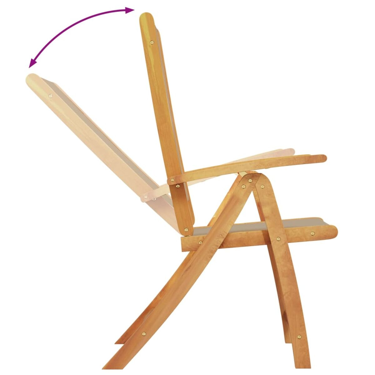 Sedia pieghevole in legno, mostrata durante la piegatura. La freccia indica il movimento.