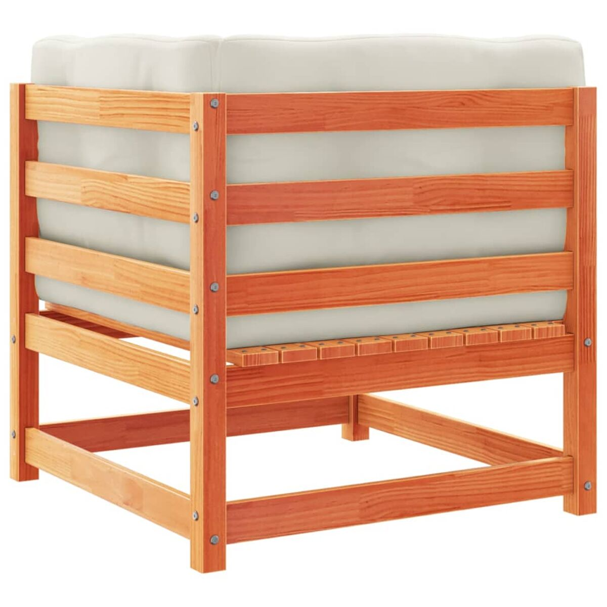 Holzwürfel mit weißem Kissen. Der Holzrahmen hat eine orange Farbe. Der Hintergrund ist weiß.