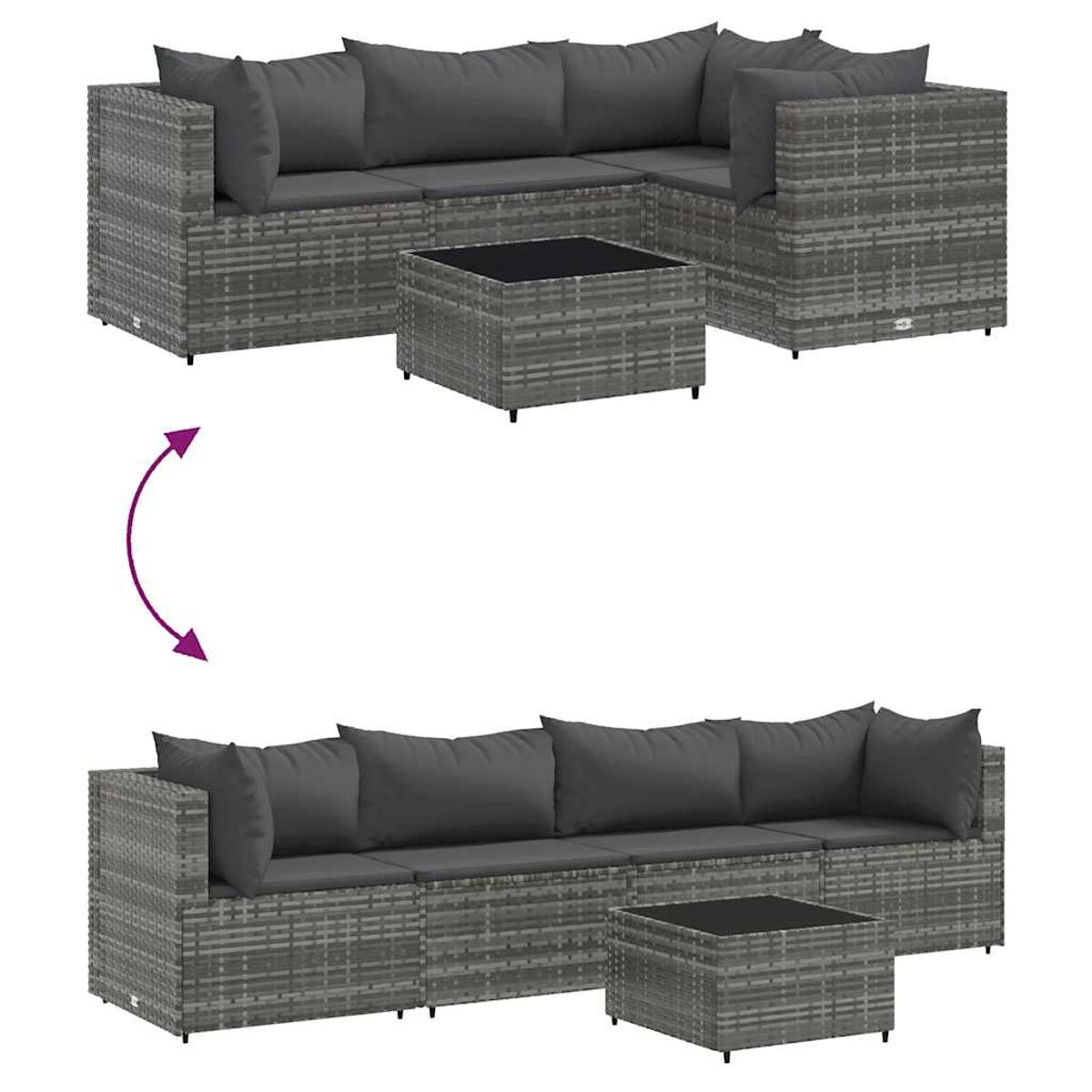 Set divano da esterno in vimini grigio, convertibile. Include tavolo e cuscini.