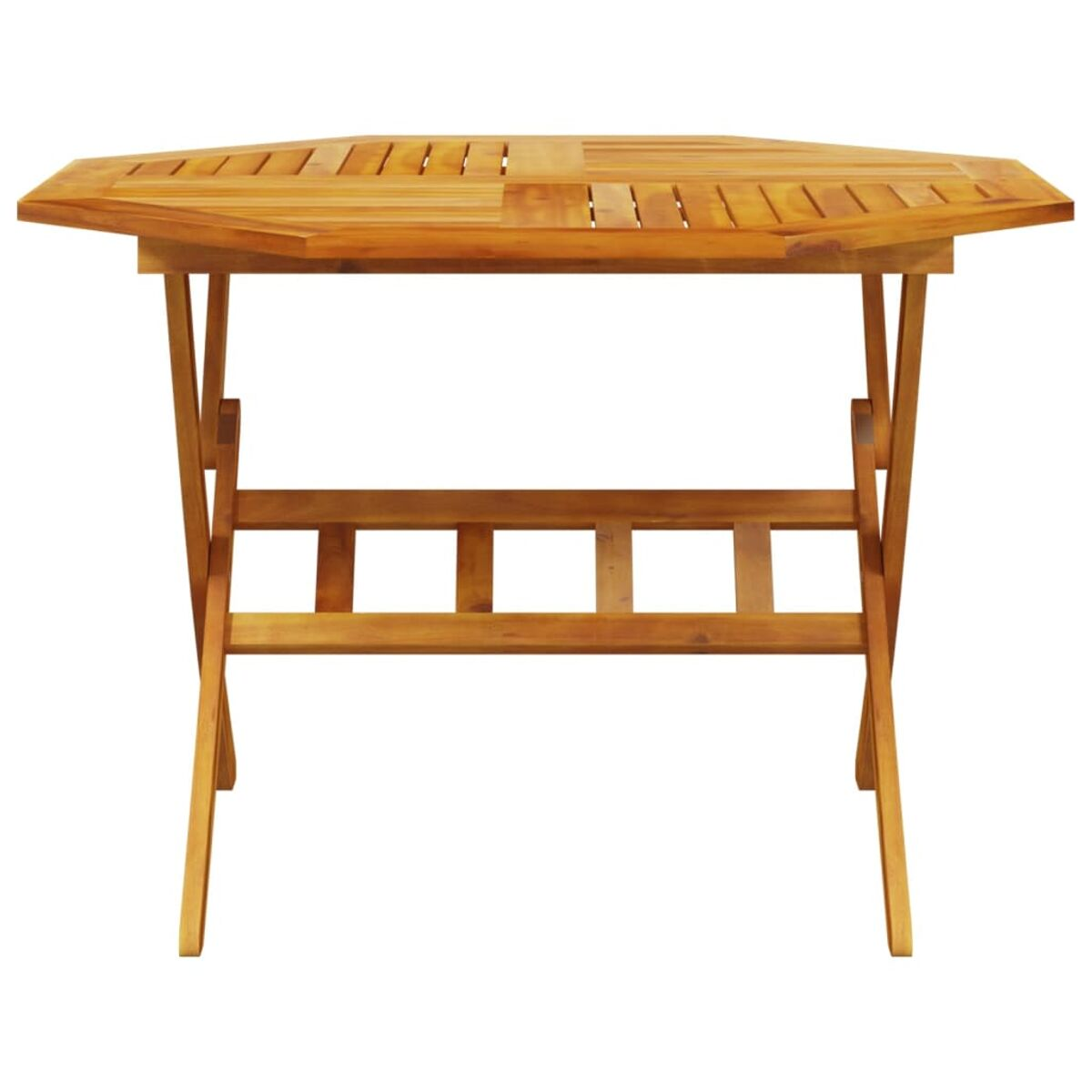 Sechseckiger Holztisch mit Lattenrost. Die Beine sind abgewinkelt. Isoliert auf weißem Hintergrund.