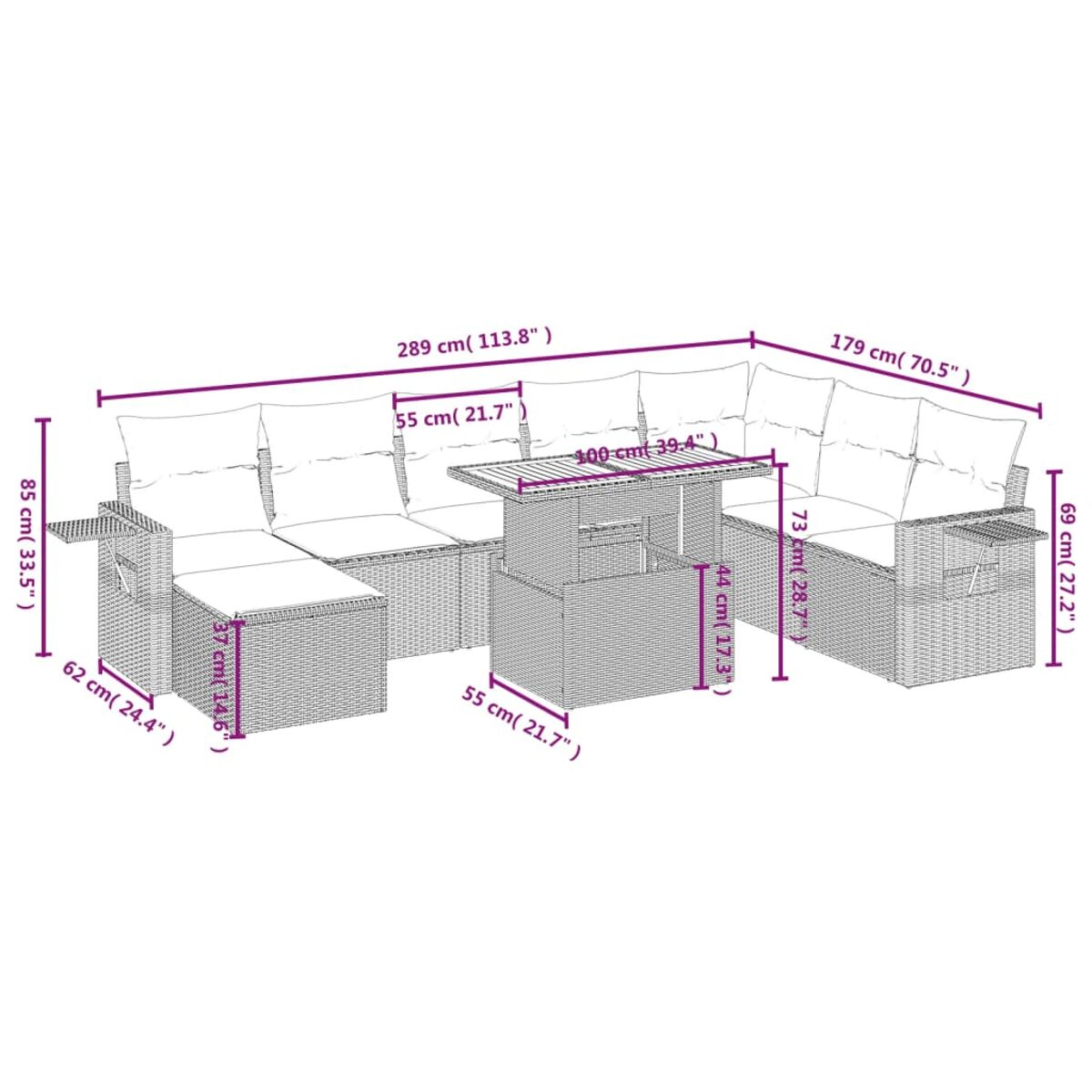Set di mobili da esterno in vimini con dimensioni: divano, tavolo. Varie misure in cm/pollici.