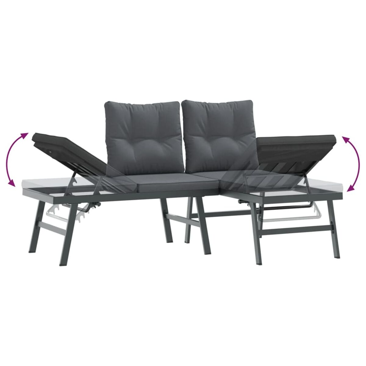 Graues Outdoor-Ecksofa mit verstellbaren Beistelltischen. Pfeile zeigen die Verstellrichtungen an.