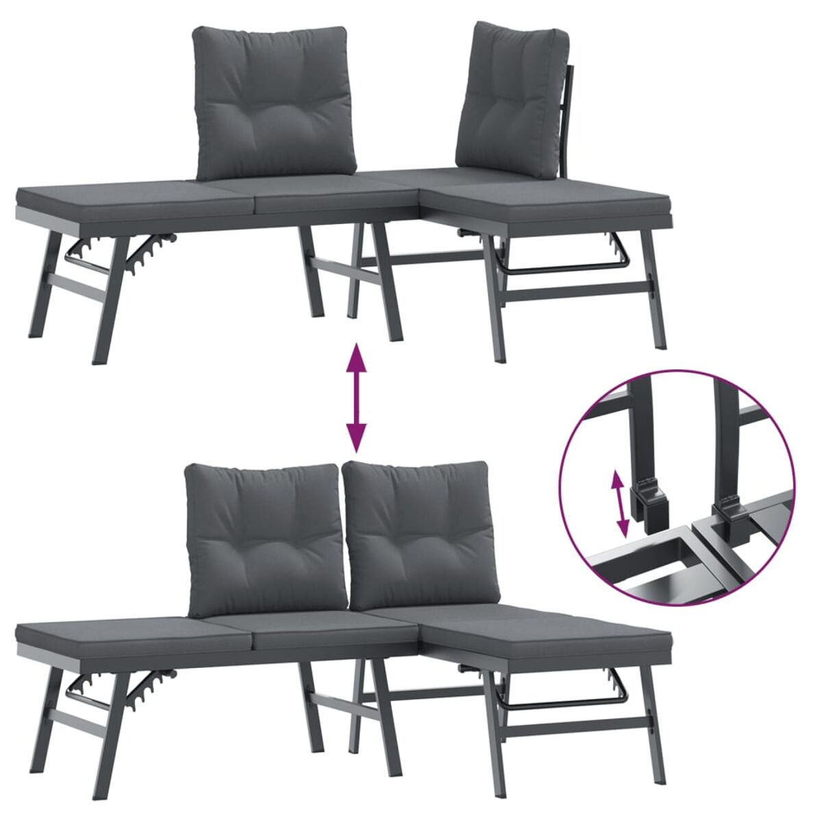 Ein graues Outdoor-Ecksofa, mit einem detaillierten Einsatz, der die verstellbare Höhe zeigt.