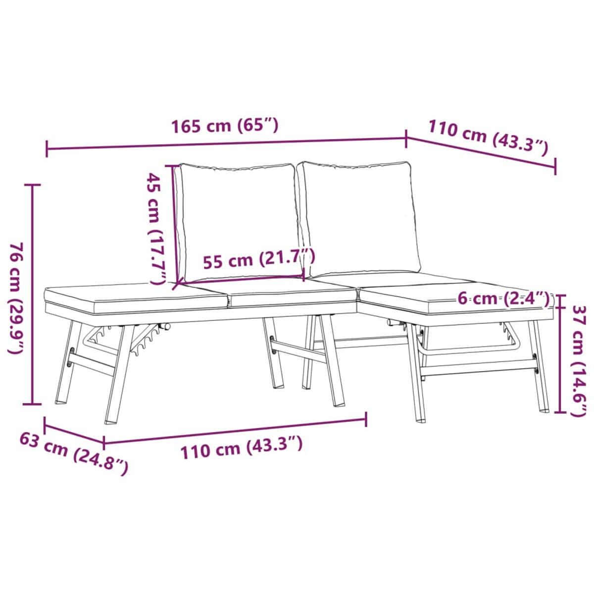 Diagramm mit Abmessungen eines Ecksofas, das Maße in cm und Zoll zeigt.