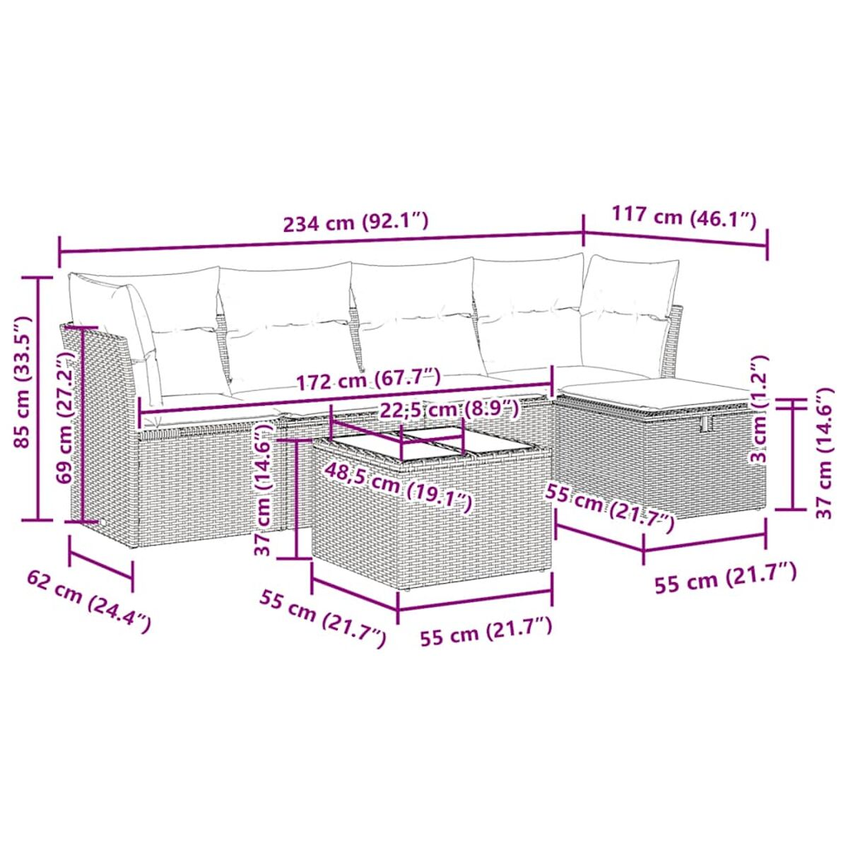 Geflochtenes Outdoor-Sitzgruppen-Set. Enthält Sofa, Beistelltisch und Ottoman, alle mit Maßen.